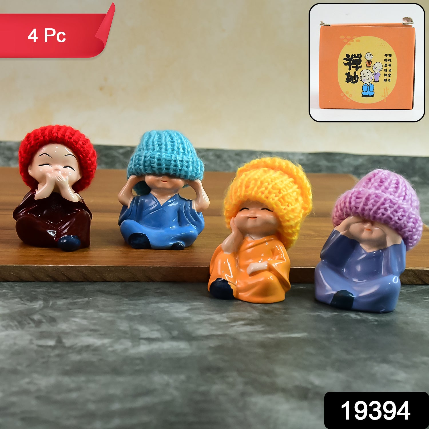 Decorative Resin Monk Buddha Showpiece Set Of 4 With Traditional Straw Hats Decorative Resin Monk Buddha Showpiece Set Of 4 With Traditional Straw Hats